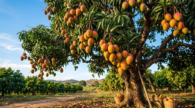 A fruitful mango tree laden with ripe, golden mangoes in an orchard under a clear blue sky.