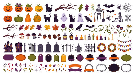 Obraz premium Halloween Vector Icon Set, Flat Design, Pumpkin, Ghost, Bat, Witch Hat, Magic Potion, Holiday Elements, Orange and Purple, Decorative Illustrations