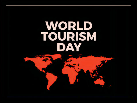 World tourism day text with a red map of the globe on a black background
