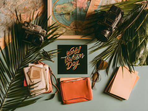 World tourism day sign with vintage cameras and travel books surrounded by tropical green leaves