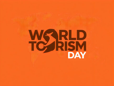 World tourism day typography design with abstract globe icon on a vibrant orange background