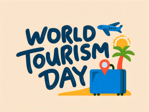 World tourism day typography design with suitcase airplane and palm tree illustration