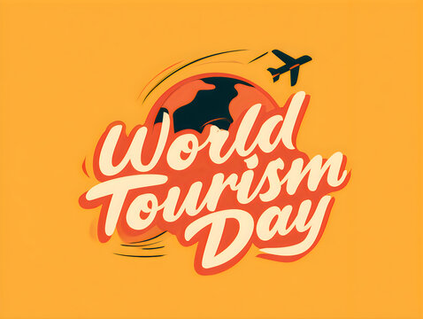 World tourism day typography design with globe and airplane icon on orange background
