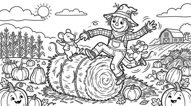 Scarecrow dancing with mice on a hay bale in a pumpkin patch coloring page illustration