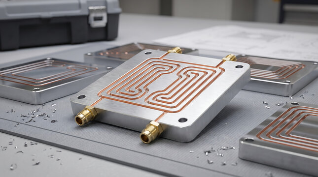 Machined aluminum electronic component with copper trace channels and gold RF fittings, AI Generated image