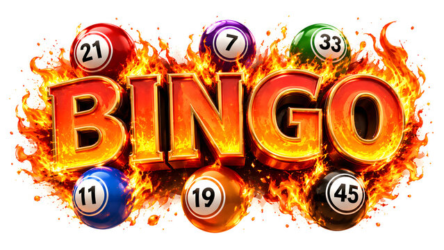 Vibrant 3D bingo balls exploding with golden numbers and flames for casino gaming promotions