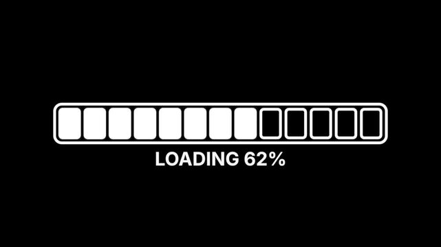 Animation of a segmented loading progress bar overlay on a black background. Digital futuristic UI element, system upgrade and software processing status concept.