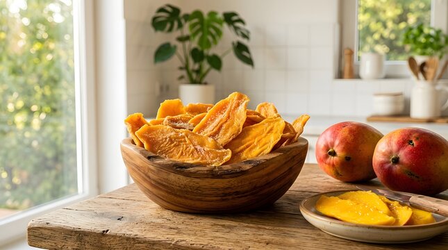 A wooden bowl filled with delicious dried mango slices sitting on a rustic wooden table next to fresh mangos.