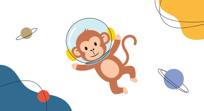 Cute cartoon monkey wearing an astronaut helmet floats weightlessly in outer space among colorful planets and stars.
