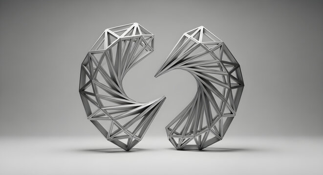 Modern Abstract Geometric Metallic Sculpture Featuring Twin Interlocking Twisted Wireframe Structures in a Minimalist Studio Environment