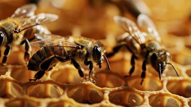 Honey bee close-up on a honeycomb moving around, showing natural process of honey making and insect life cycle footage