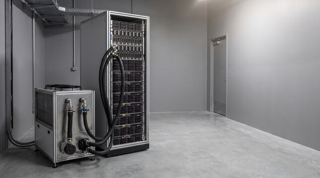Standalone server rack with liquid cooling chiller unit in empty concrete room, AI Generated image