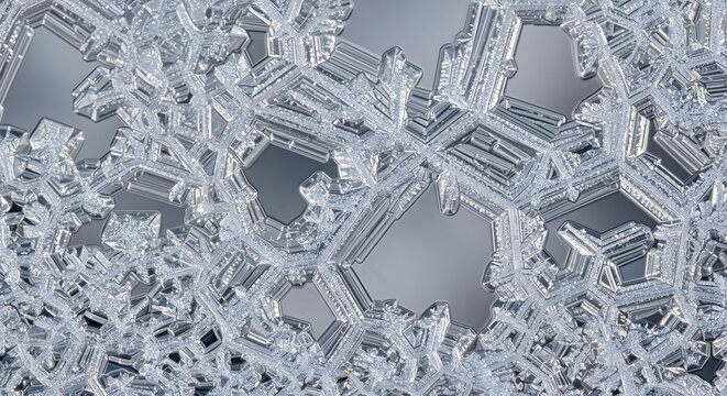 Intricate macro view of natural ice crystal patterns forming delicate geometric structures on a cold frozen surface during winter season