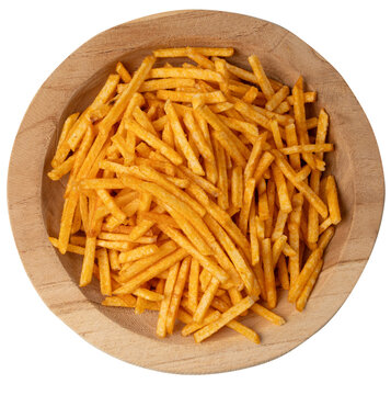 Fried chips sticks isolated, finger potato chips, golden shoestring fries pile, French fries