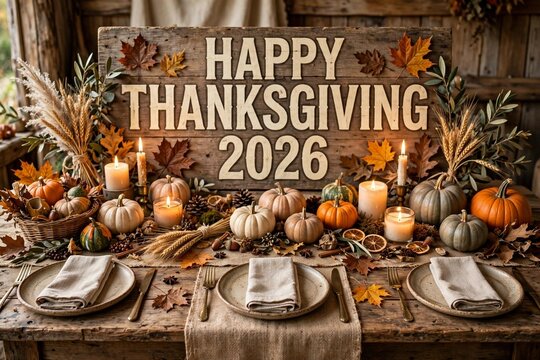 Modern Botanical Give Thanks 2026 Typography Poster with Stylized Pump