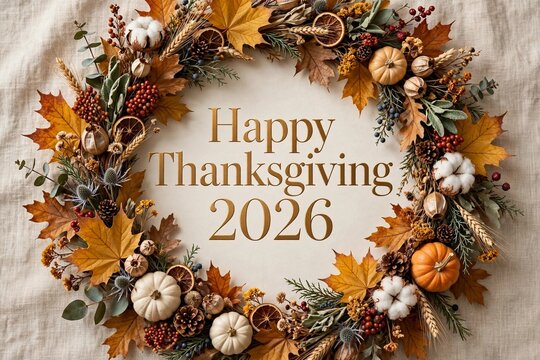 Rustic Thanksgiving Dinner Table with Large Happy Thanksgiving 2026 Wo