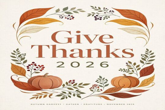 Traditional Harvest Thanksgiving 2026 Poster on Rustic Wood with Pumpk