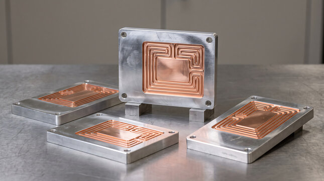 Copper microchannel liquid cooling cold plate heat sinks for computer hardware, AI Generated image