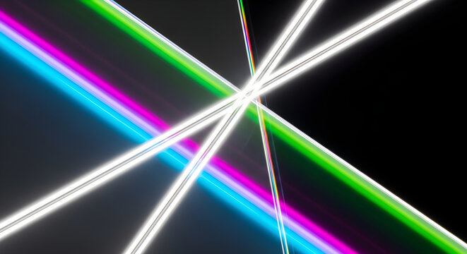 Abstract Background Featuring Intersecting Neon Light Streaks with Vibrant Prism Colors and Glowing Digital Effects for Futuristic Design Projects