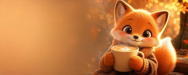 Naklejka premium Cute fox holding a cup of coffee in an autumn forest. Cozy woodland animal illustration with warm seasonal light and copy space for greeting card or advertising design.