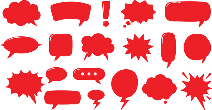Red speech bubbles set, 18 comic book shout boxes and thought clouds, vibrant red chat icons for social media and marketing graphics