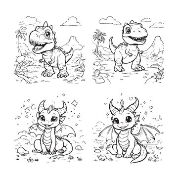 Cute dinosaur and dragon coloring page set with friendly prehistoric creatures black and white line art children illustration coloring book baby dinosau