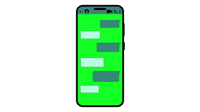abstract smartphone messaging interface animation with green screen chat bubbles on mobile phone display, Text message send or received in smartphone animation, text message chat animated in mobile 