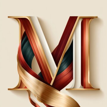Elegant gold letter M monogram with luxury ribbon typography and ornamental initial design