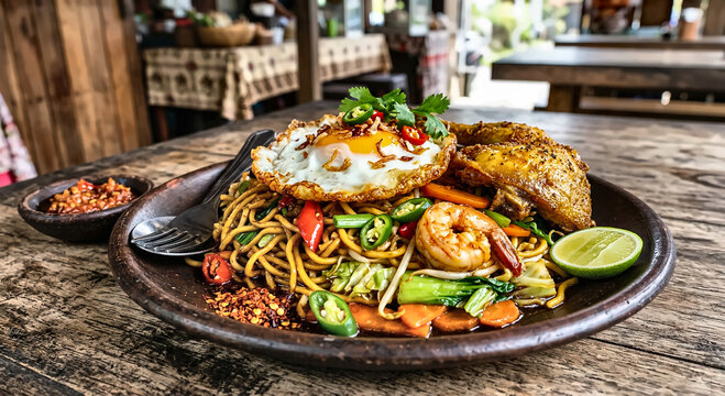 Indonesia mie goreng with fried chicken,fried egg,shrimp and spicy
