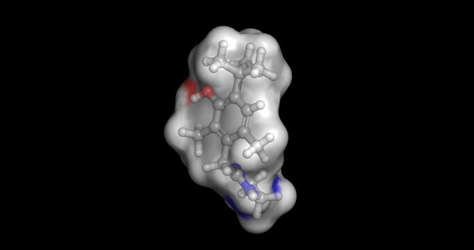 Oxymetazoline, selective alpha-1 and alpha-2 adrenergic receptor agonist used as a nasal decongestant and vasoconstrictor, 3D molecule spinning, 4K