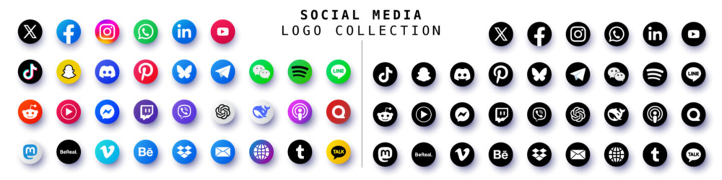 Modern & clean editorial icon set.  social media logo collection. social networking icon set,  Isolated black & white in round shape.