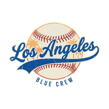 A vintage-style baseball design featuring "Los Angeles" in blue script with palm trees and "BLUE CREW" text, evoking a retro sports theme.