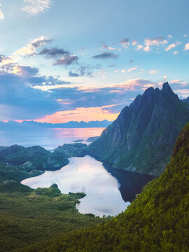 Norway sunset landscape aerial view mountains and lake with sea epic scenery in Hamaroy, summer season scenic wild destination travel beautiful natural landmarks in Scandinavia