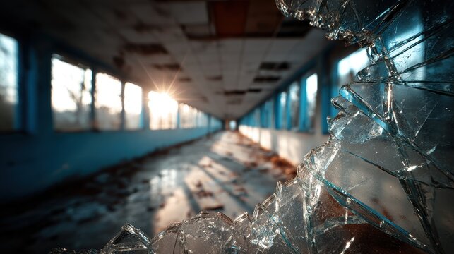 A shattered window pane frames an abandoned hallway during a dramatic sunset. Conceptual imagery for disaster, destruction, and urban exploration.