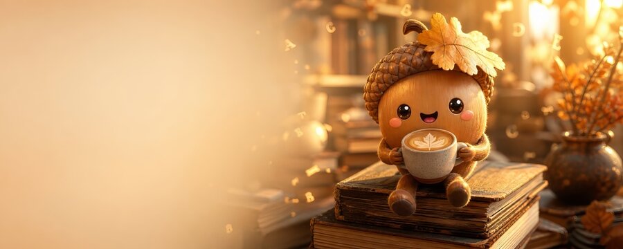 Cute acorn character holding a cup of coffee while sitting on old books. Cozy autumn reading concept with copy space for seasonal greeting card and editorial design
