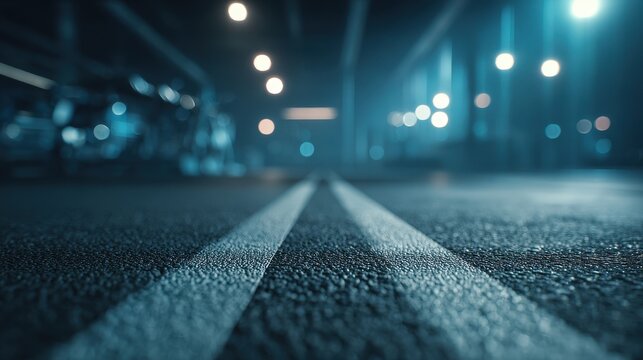 Asphalt road with white lane lines stretches into a dark futuristic tunnel illuminated by glowing bokeh lights. Atmospheric urban background concept.