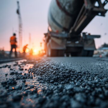 Asphalt paving construction site with a concrete mixer truck during sunset. Perfect for civil engineering and road infrastructure projects.