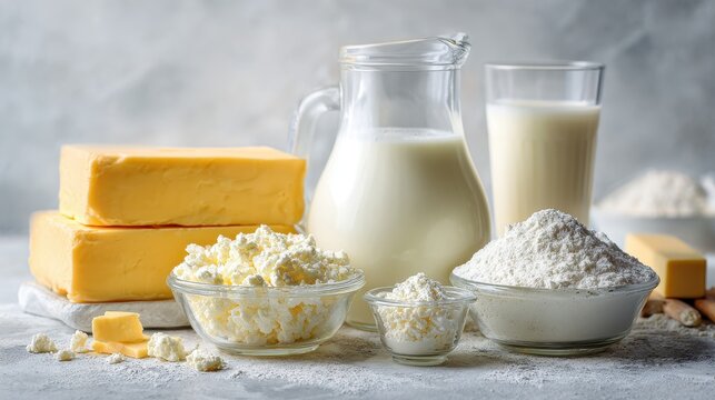 Assorted fresh dairy products including milk, butter, cottage cheese, and cream on a grey background. Ideal for dairy farm and grocery advertisements.