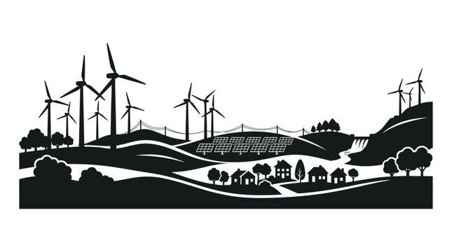 Black silhouette of wind turbines solar panels and rural landscape