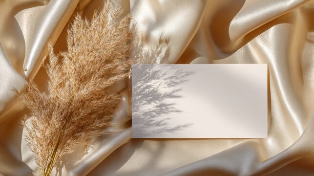Blank card mockup with pampas grass shadows on silky gold fabric. Elegant branding background for design presentation.
