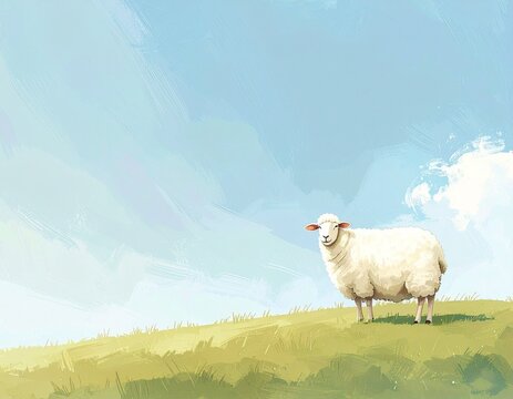Cute fluffy white sheep standing on a green grassy hill under a wide blue sky, soft watercolour illustration