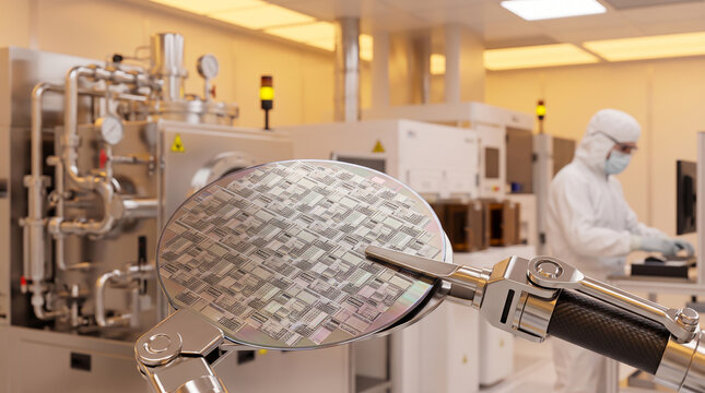 Silicon wafer held by robotic arm in a cleanroom semiconductor manufacturing facility