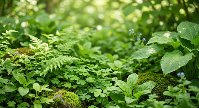 Lush green foliage in sunlit forest with ferns and clover