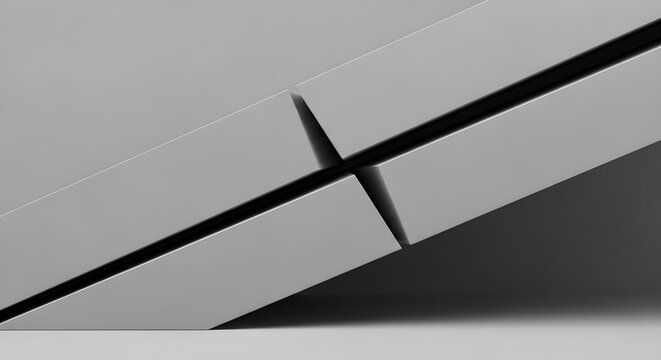 Minimalist abstract architecture composition featuring grey diagonal geometric concrete forms and sharp shadows