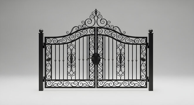 Elegant Ornate Black Metal Gate with Intricate Wrought Iron Decorative Scrollwork Design Isolated on a Minimalist Studio Background