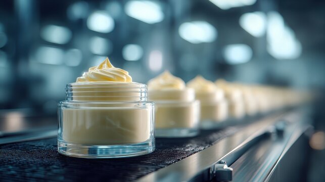 Cosmetic jars moving along a factory conveyor belt under soft lighting. Perfect for skincare manufacturing and beauty industry concepts.
