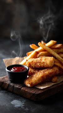 Crispy fried mozzarella sticks and french fries with ketchup on a rustic wooden board. Delicious fast food concept.