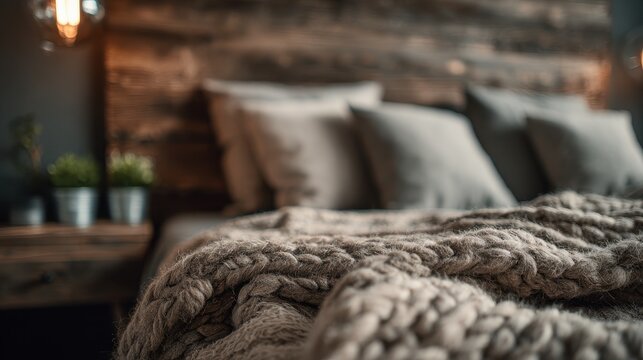 Cozy rustic bedroom interior with a warm knitted blanket and comfortable pillows on the bed. Ideal for home comfort and interior design concepts.