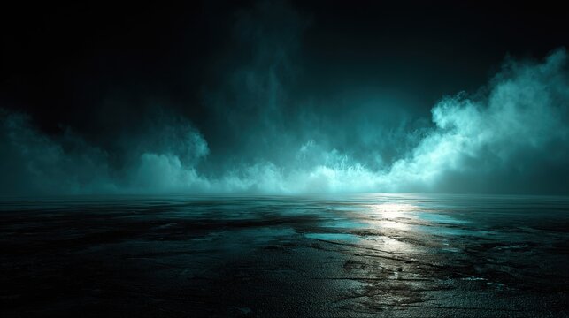 Dark mystic scene with teal glowing smoke over a wet asphalt floor at night. Perfect background for fantasy and sci-fi concepts.