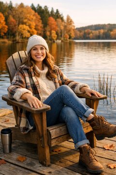 Smiling woman in knit hat and plaid jacket relaxing on a lakeside dock surrounded by autumn foliage for cozy fall wallpaper and retreat design